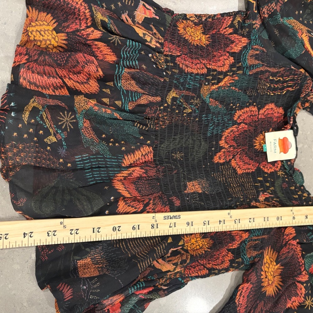 Farm Rio River Creatures Top Black Floral Smocked Long Sleeve Whimsigoth Sheer L - Picture 13 of 13